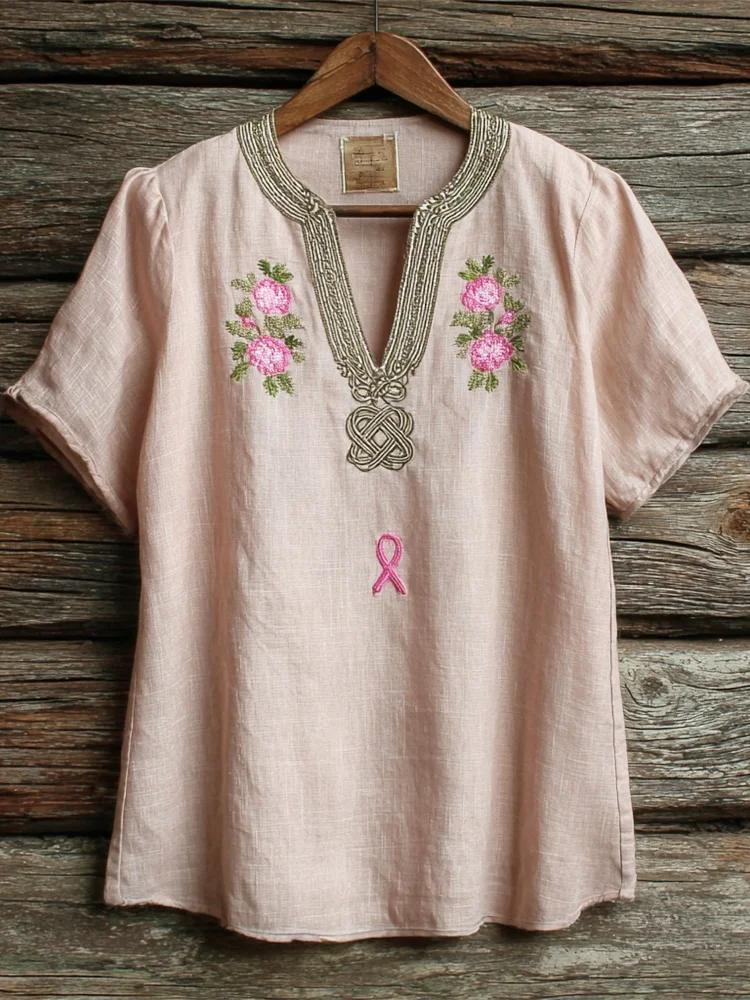 Floral Embroidery Pink Ribbon Awareness Women's Linen V-neck Shirt