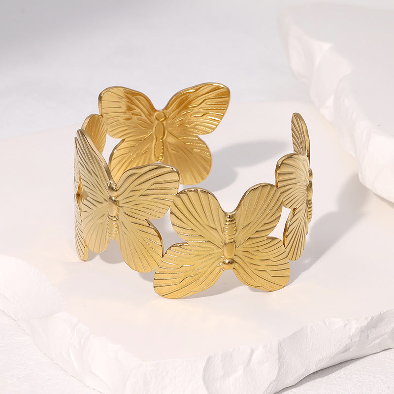 Retro Wide Stainless Steel Bracelet Wide Version Exaggerated Personality Butterfly Antique Gold-Plated Bracelet