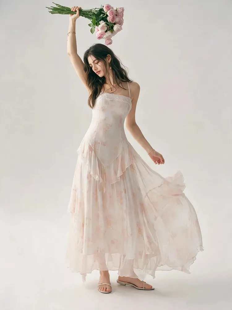 Pink floral print sundress with ruffles