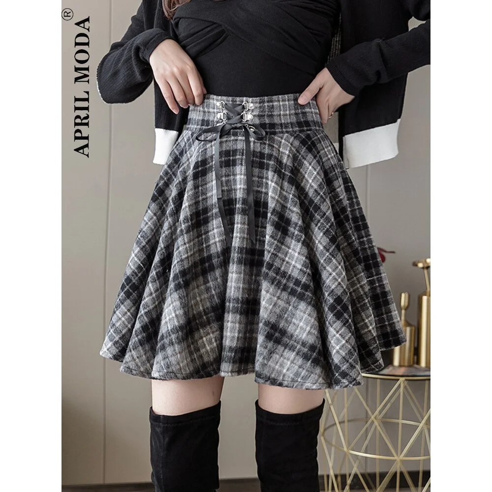 Colourp Punk Harajuku Women Skirt Plaid Print Lace Up Hip Hop Winter Casual Green Grey Red Goth Pleated Woolen Skater Streetwear