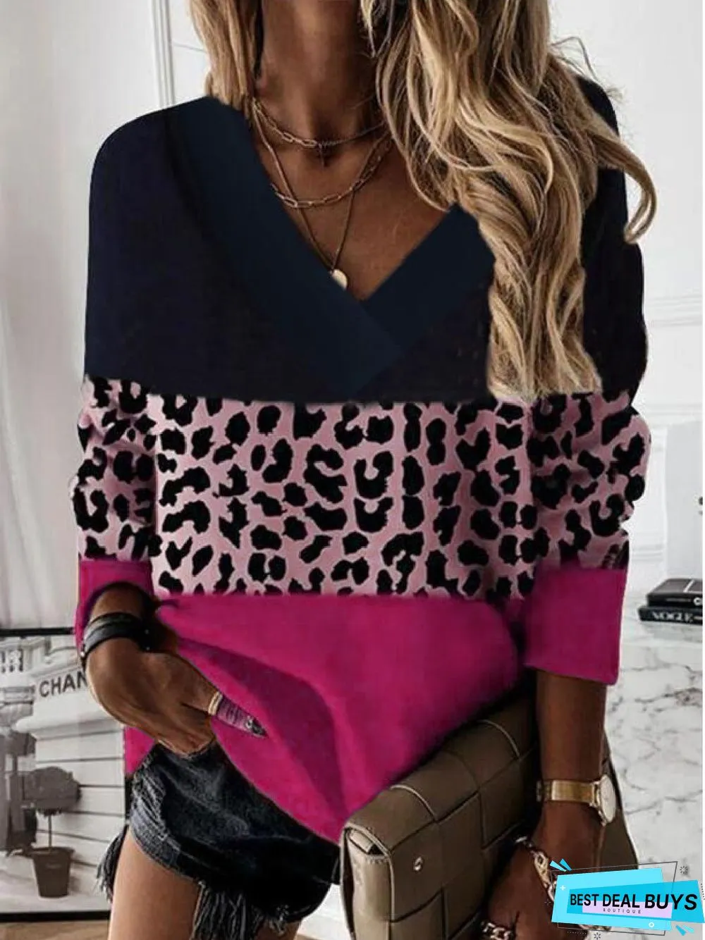 Loosen Cotton Blends V Neck Long Sleeve Casual Printed Tunic Top