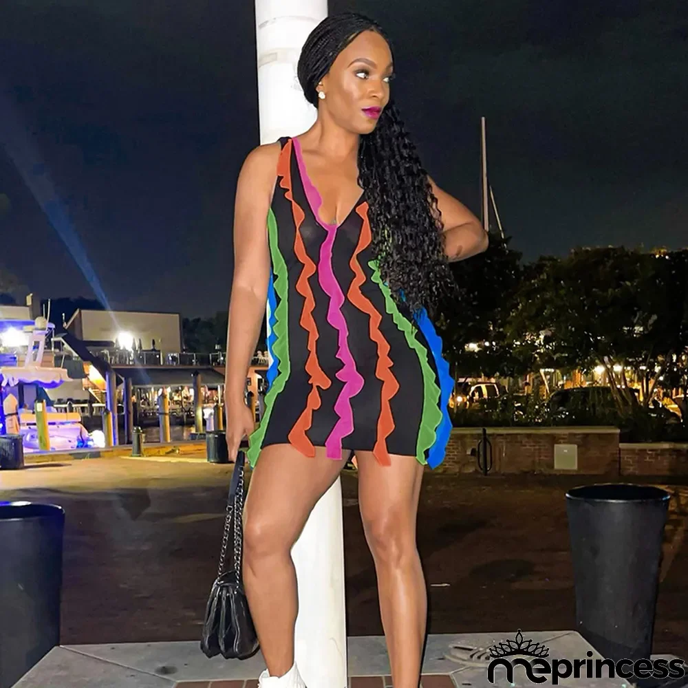 Women'S Fall V-Neck Sexy Low Back Multicolor Ruffled Bodycon Dress