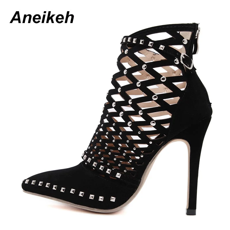 Aneikeh 2022 Gladiator Roman Sandals Summer Rivet Studded Cut Out Caged Ankle Boots Stiletto High Heel Women Sexy Shoes Pumps