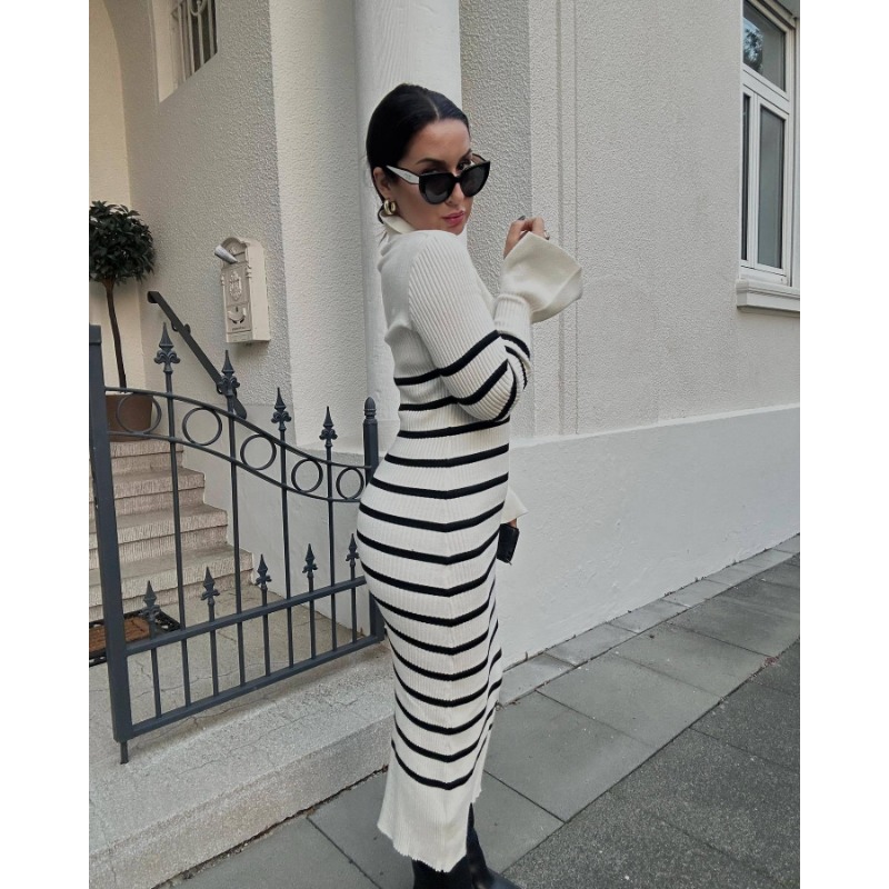 Ootddress White High Waist Knitwear Dress Fashion Women Rib Lapel Autumn 2025 Slim Elegant Long Dress Casual Knit Solid Party Dress