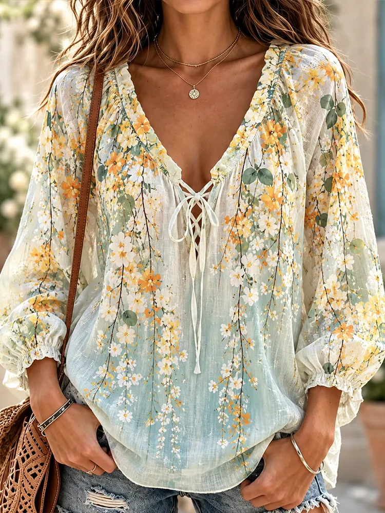 Comstylish Women's Light Blue And Yellow Floral Vine Print Lace-up V-neck Long Sleeve Blouse