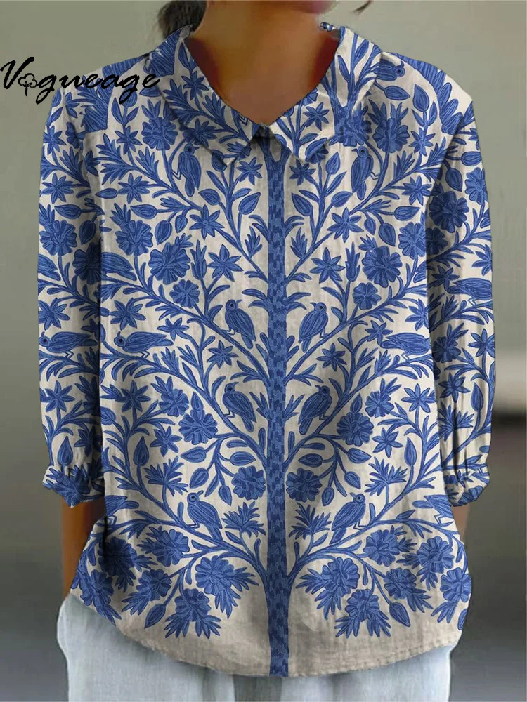 Stylish Gentle And Elegant Birds And Plants Printed Cotton And Linen Women Shirt