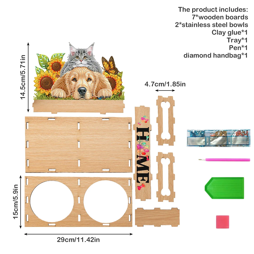 Diamond Painting Food Bowl with Wood Stand Diamond Art Dog Bowl for Small Dogs
