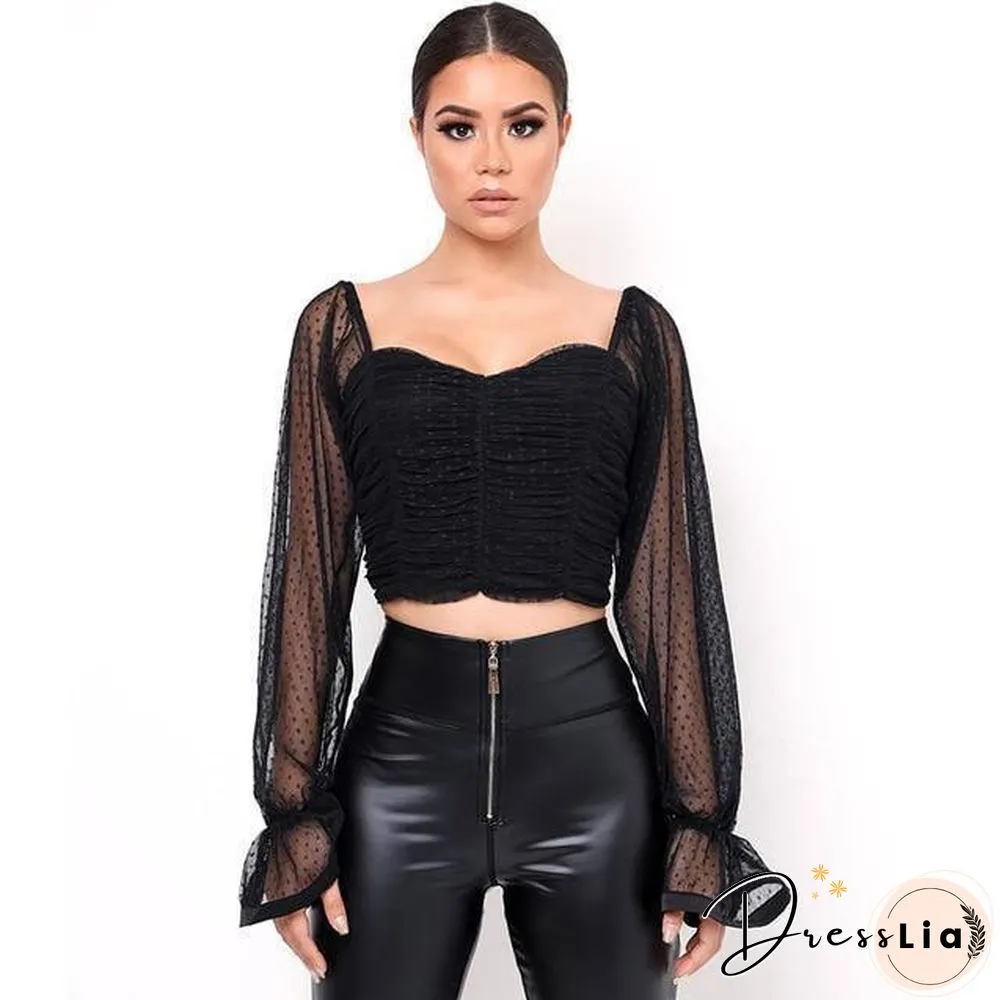 Sexy Polka Dots Crop Tops Women Low Cut Backless See Through Short Chiffon Mesh Shirt
