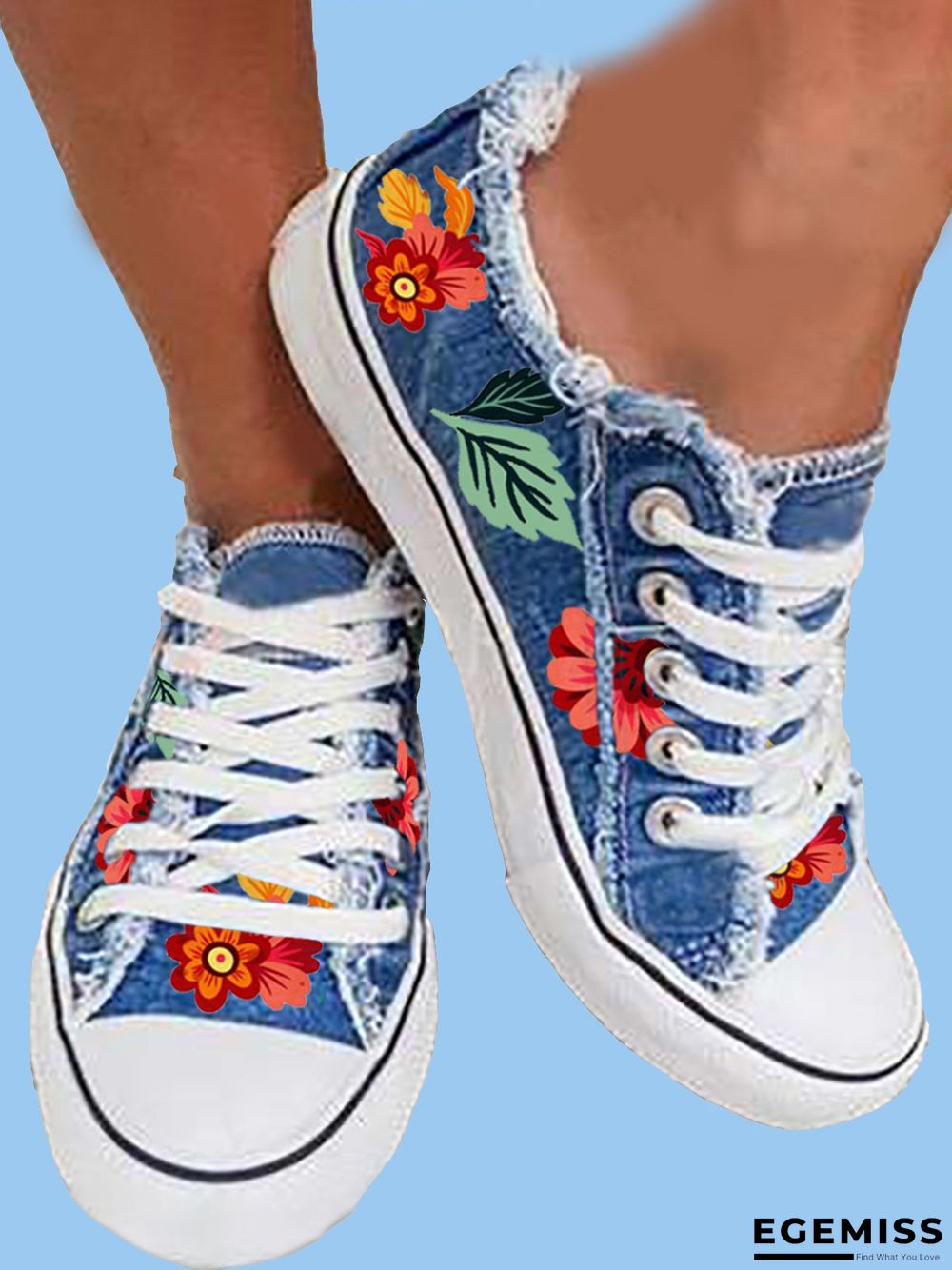 Floral Leaves Lace Up Sneakers Denim Sneakers | EGEMISS