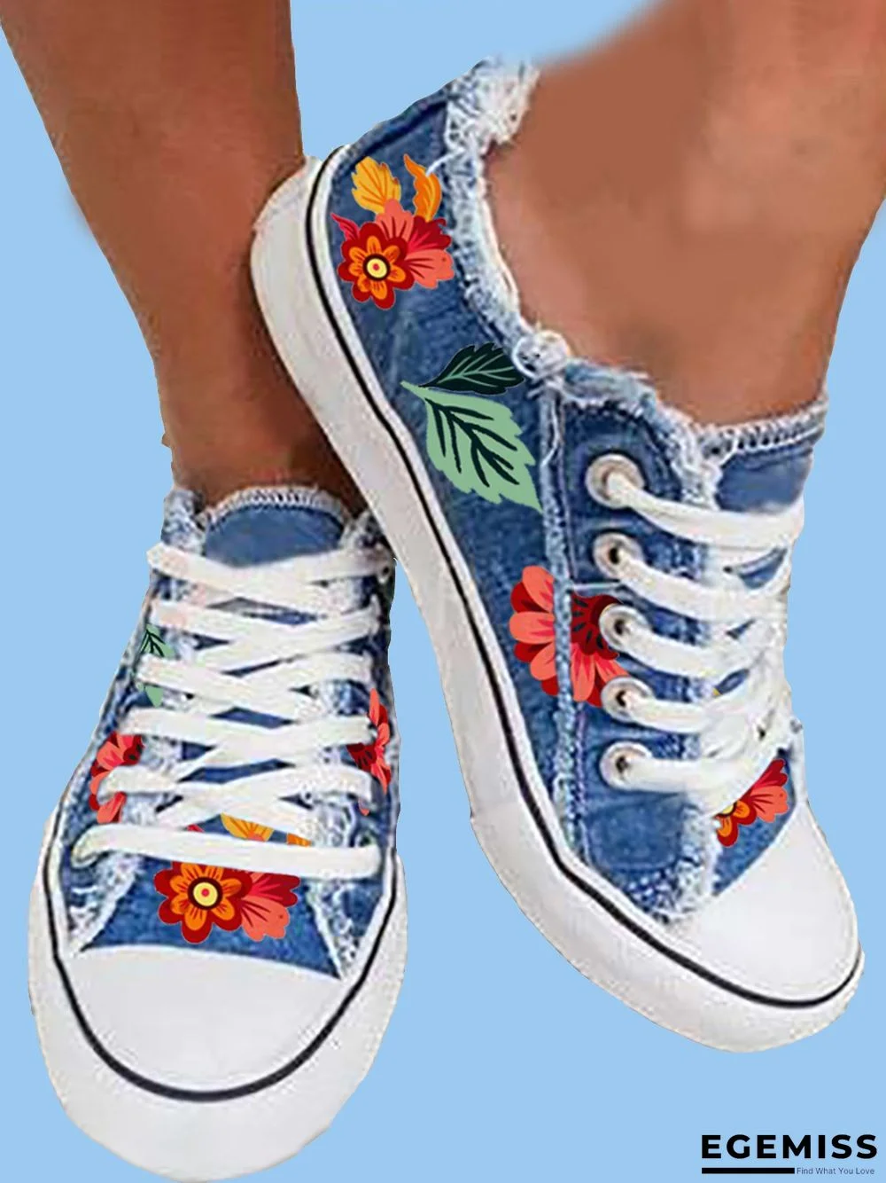 Floral Leaves Lace Up Sneakers Denim Sneakers | EGEMISS