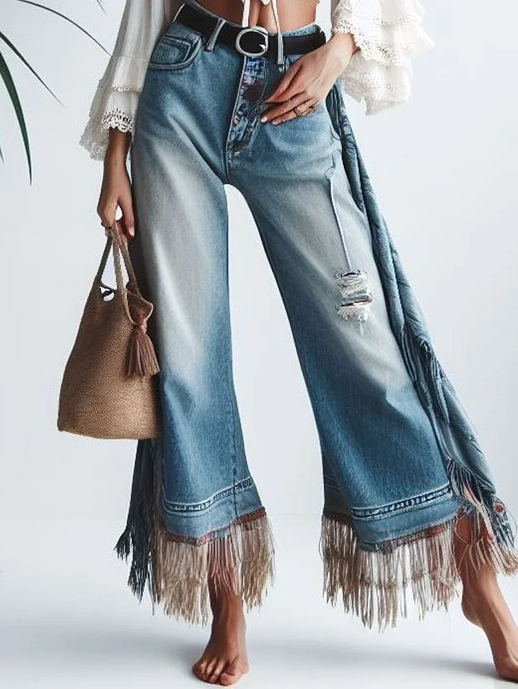 Daily Tassel Flare Leg Pocket Ripped Washed Denim Jeans