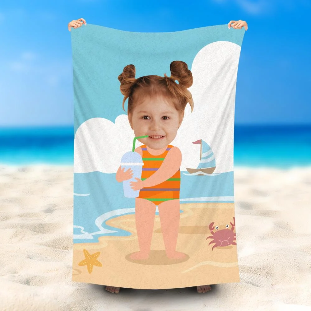 Custom Photo Beach Towel, Summer Swimming Towel, Drinking Water Girl Style, No Sand Microfiber Beach Towel, Quick Dry Bath Towel