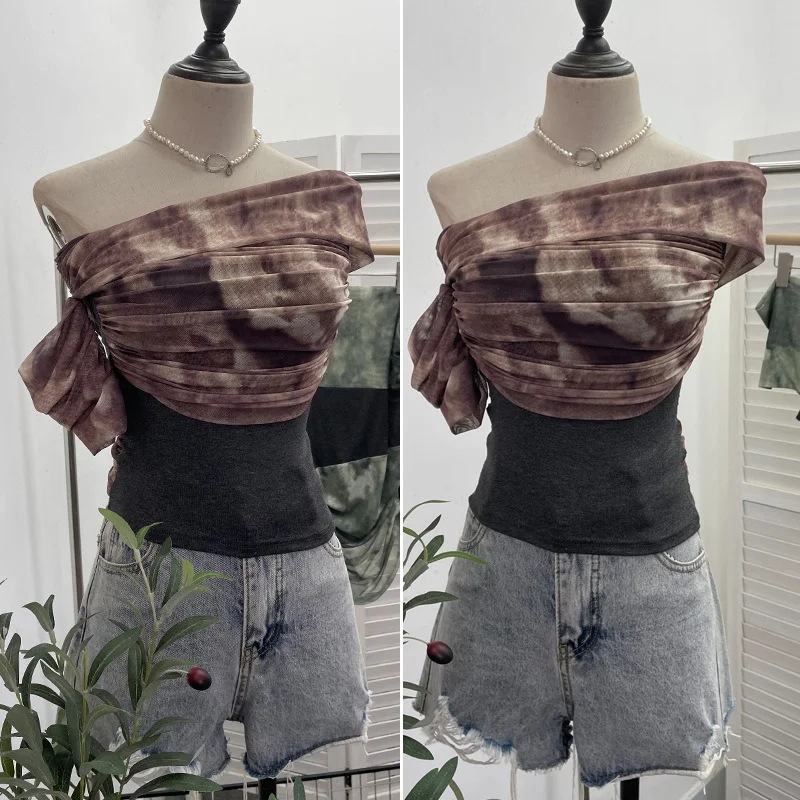 Uveng Real Shooting Can Wear Two-Wear Art Dizzy Net Yarn Spliced A Word Shoulder T-Shirt To Repair The Chest Short Babes Top 1131