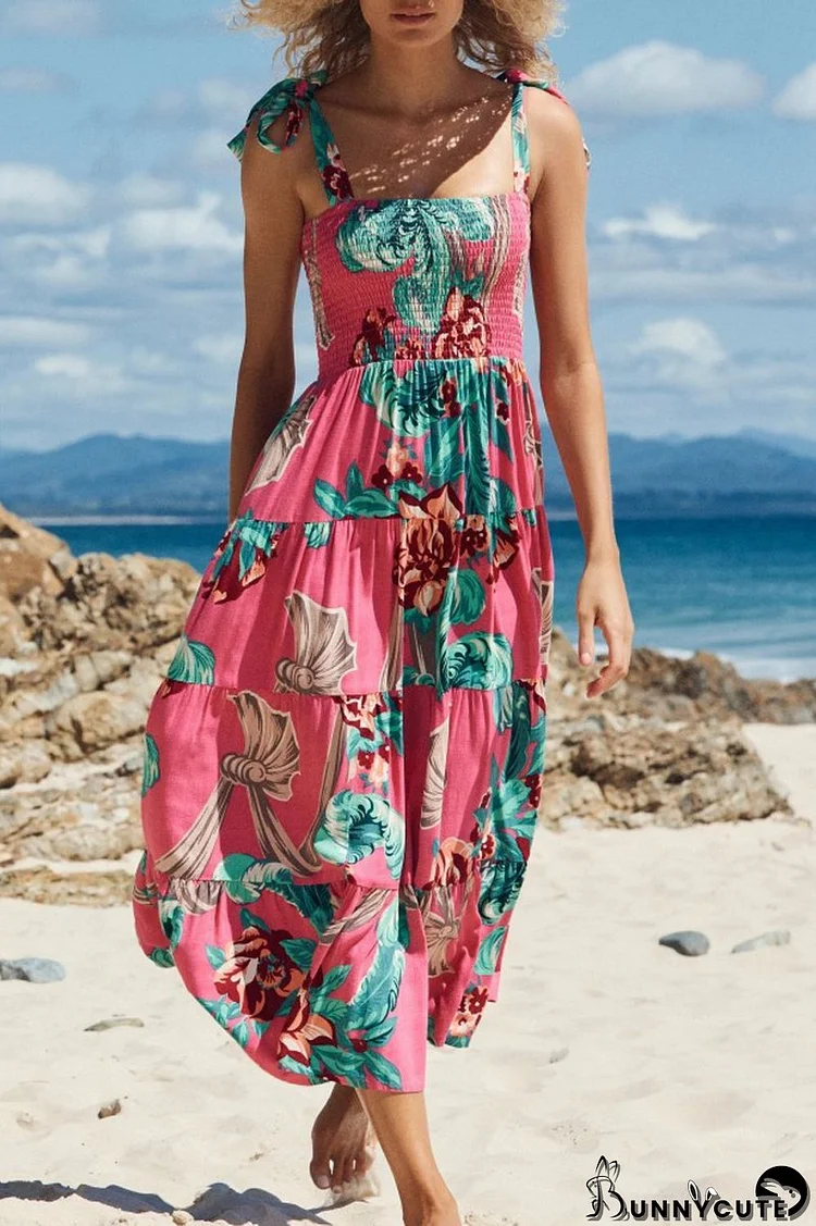 Vacation Print Lace Up Sleeveless Dress