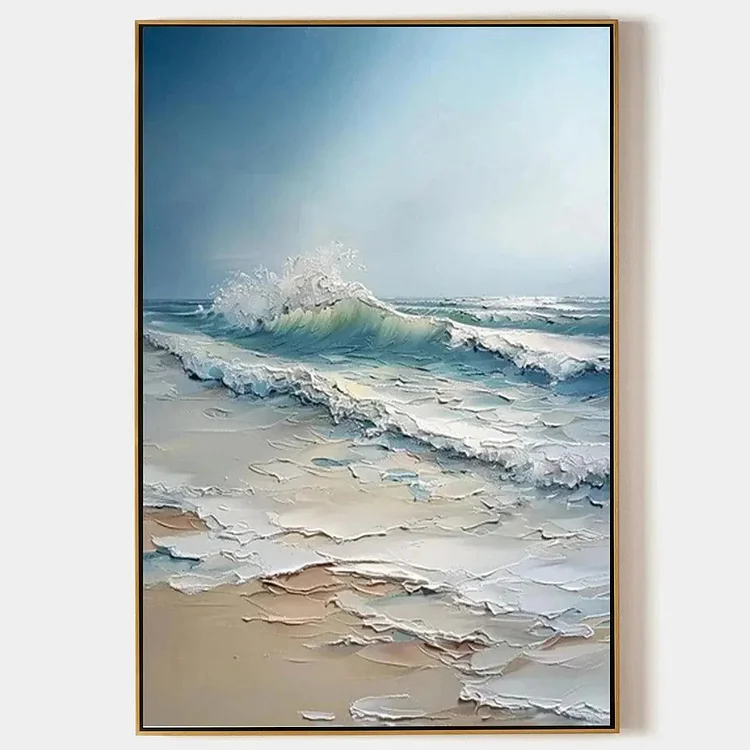 OCEAN'S EMBRACE: Textured Ocean Painting, Impasto Wall Art, Vertical Canvas, Beach Decor（Canvas painting）