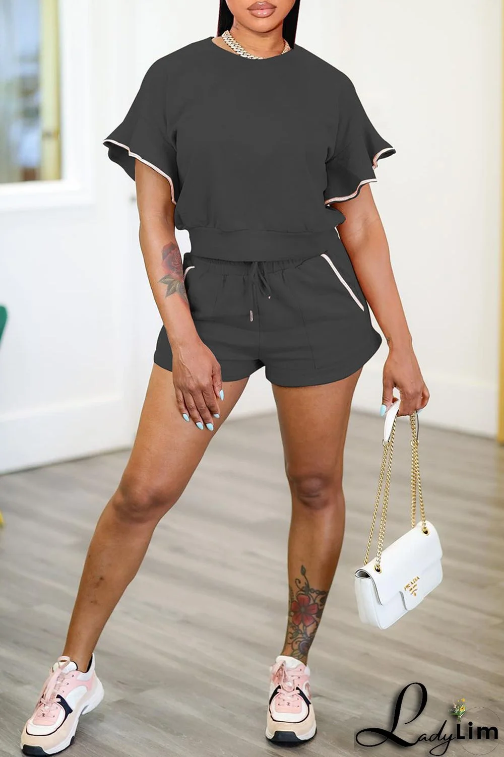 Blue Fashion Casual Solid Basic O Neck Short Sleeve Two Pieces