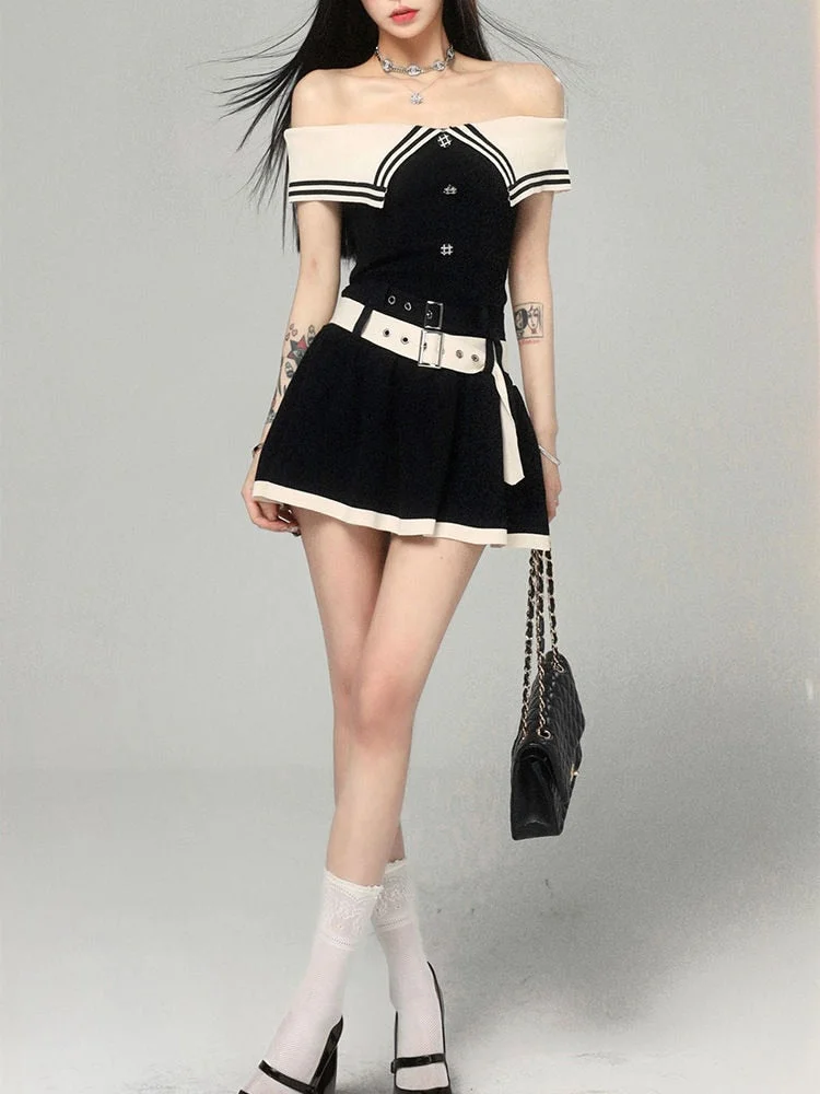 Lourdasprec  Y2k Aesthetic Goth One Piece Mini Dress Women Korean Style Vintage Black Dresses Cute Slash Neck Tunic Pleated Vestidos