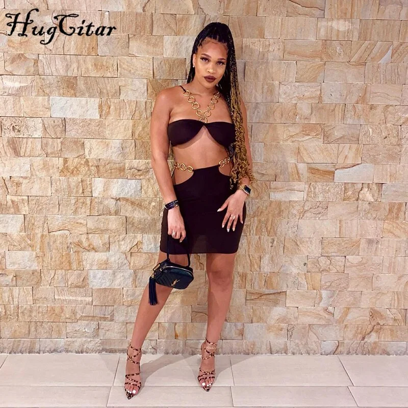 Hugcitar 2021 Solid Navel Ferrule Strapless Bodycon Top Sexy Mini Dress Set Summer Women Fashion Streetwear Club Party Y2K Robe