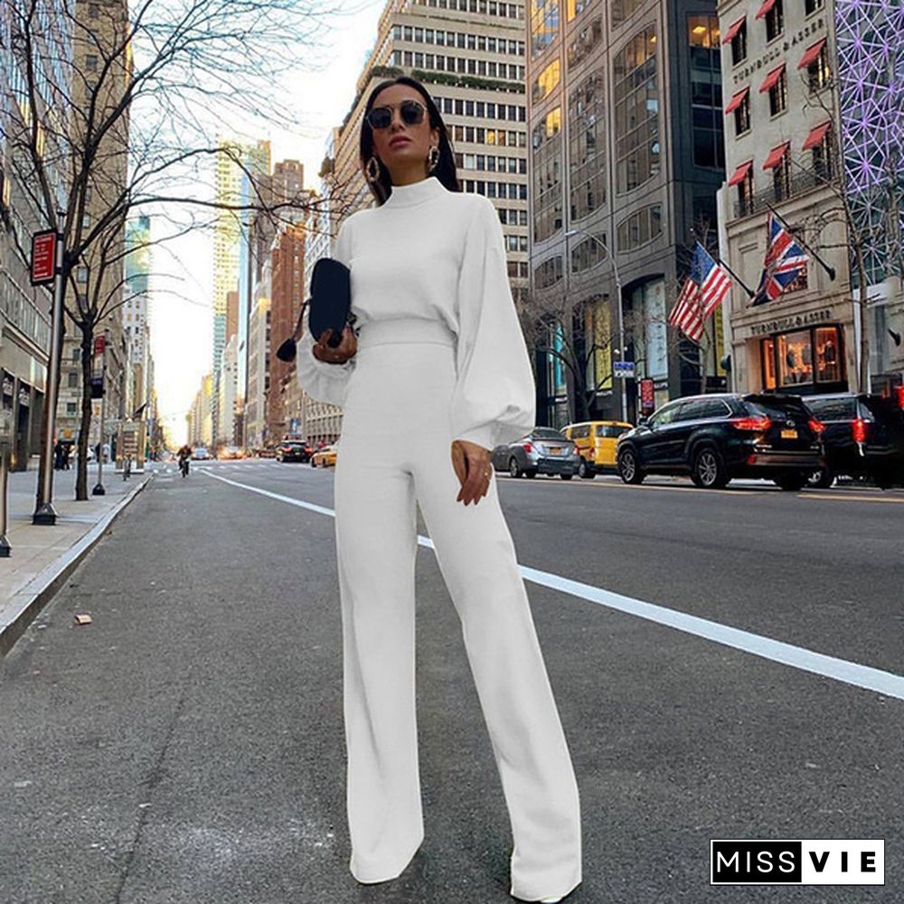 Women Fashion Puff Long Sleeve High Waist Solid Color Jumpsuits