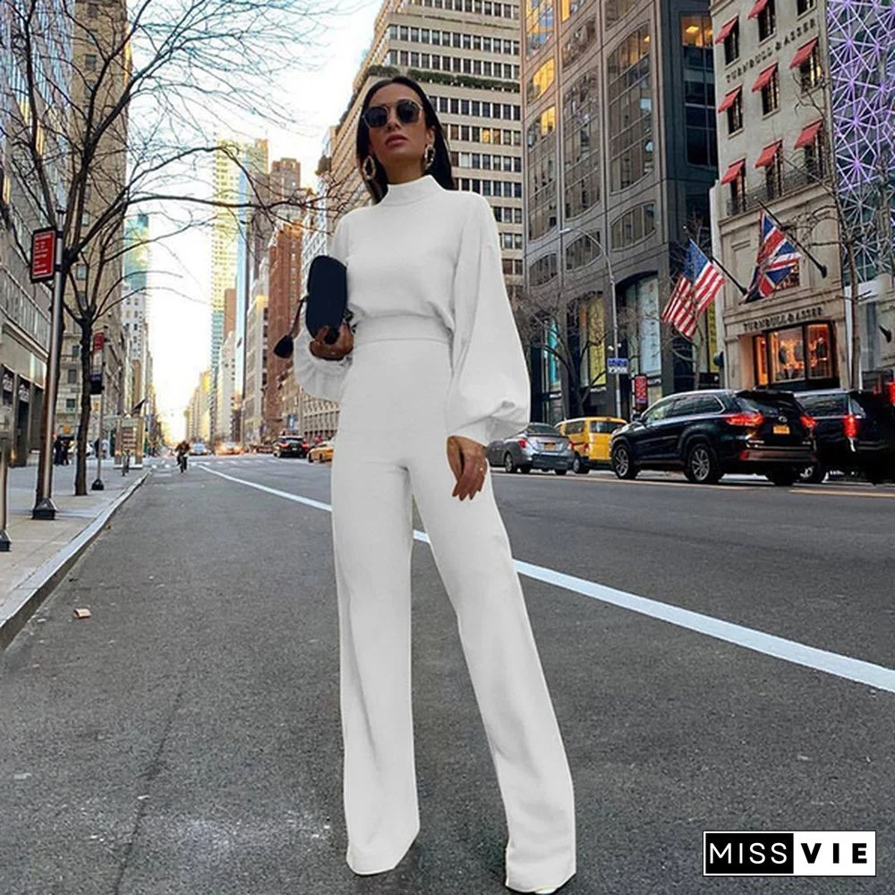 Women Fashion Puff Long Sleeve High Waist Solid Color Jumpsuits