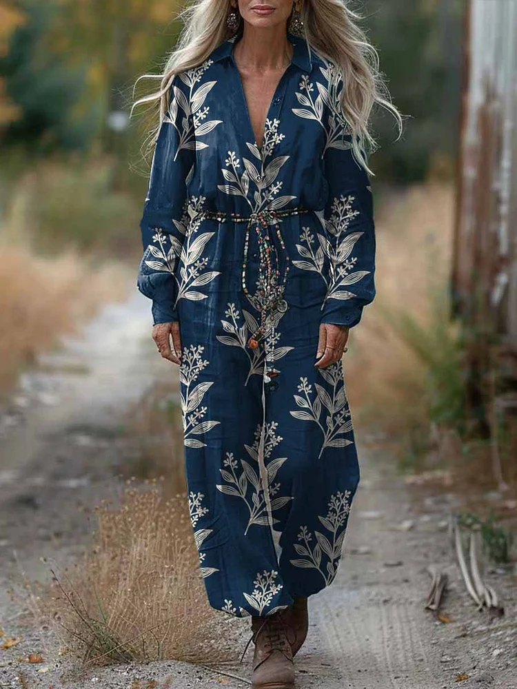 Women Shirt Collar Floral Print Casual Cotton Wide Leg Jumpsuit