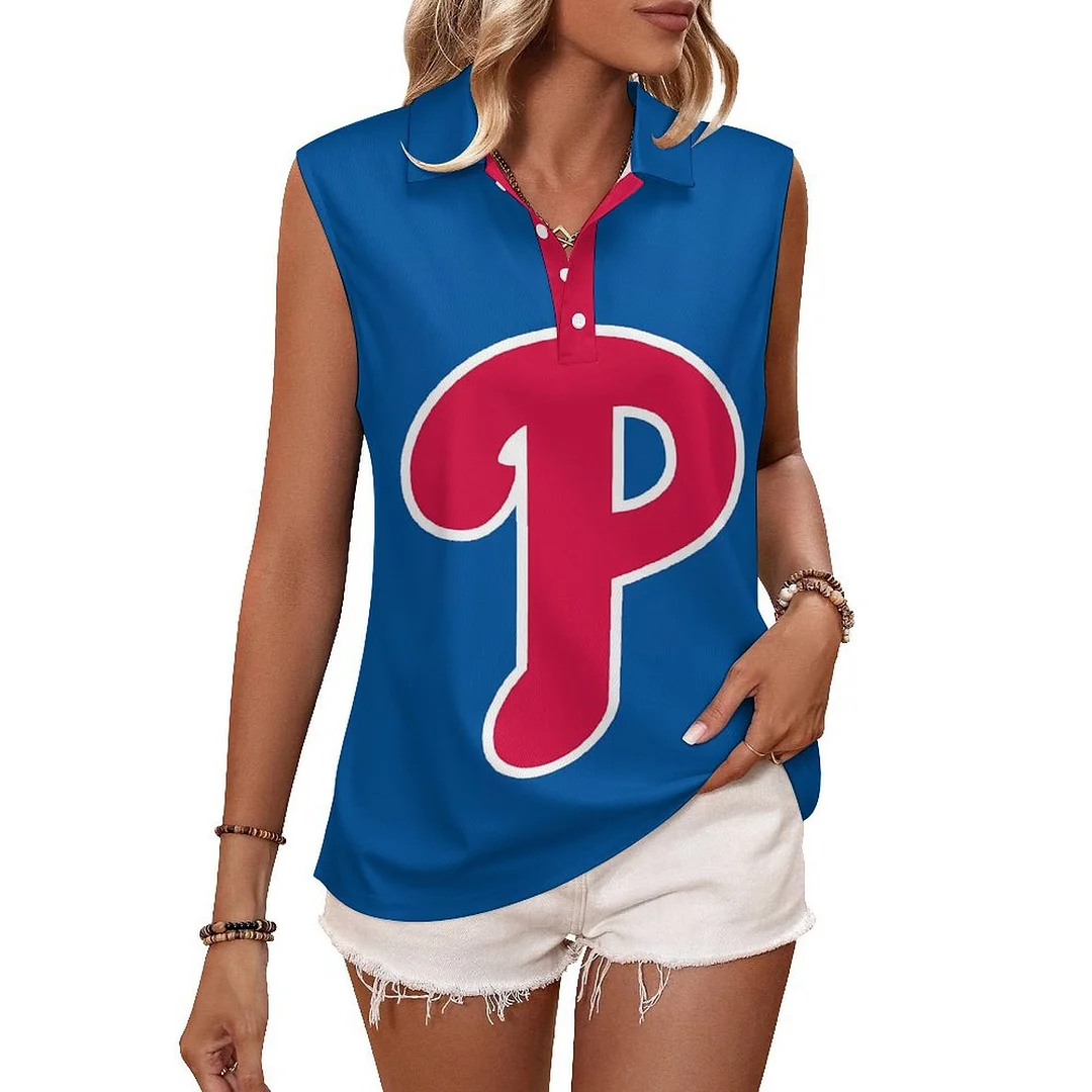 V-neck Sleeveless Casual POLO Shirt Tank Top for Women Printed with Pattern Philadelphia Phillies, Blue, Red