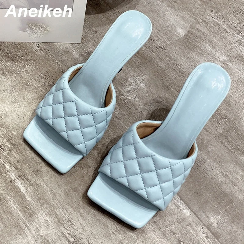 Aneikeh NEW Sexy PU Diamond Square Head Peep Toe Thin High Heels Slippers Summer Fashion Slip On Slides Women Mules Party Shoes