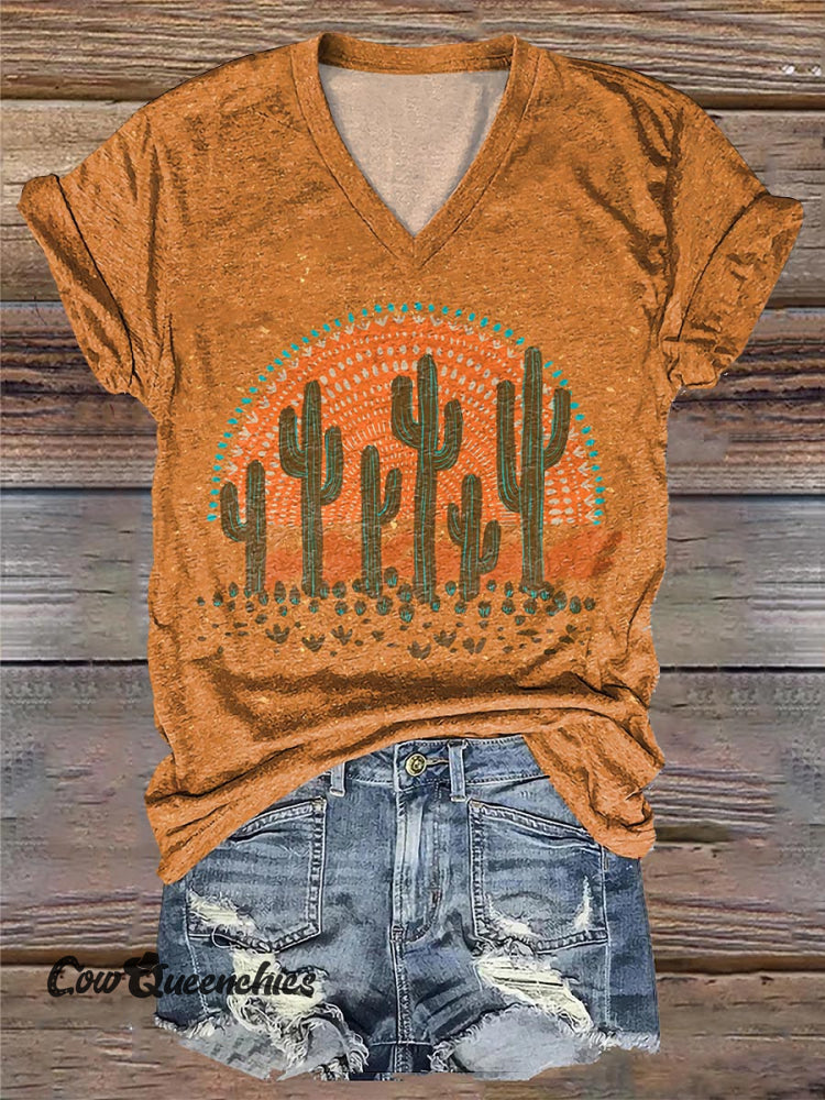 Wild West Cactus Vintage Print V-Neck T-Shirt Orange / S