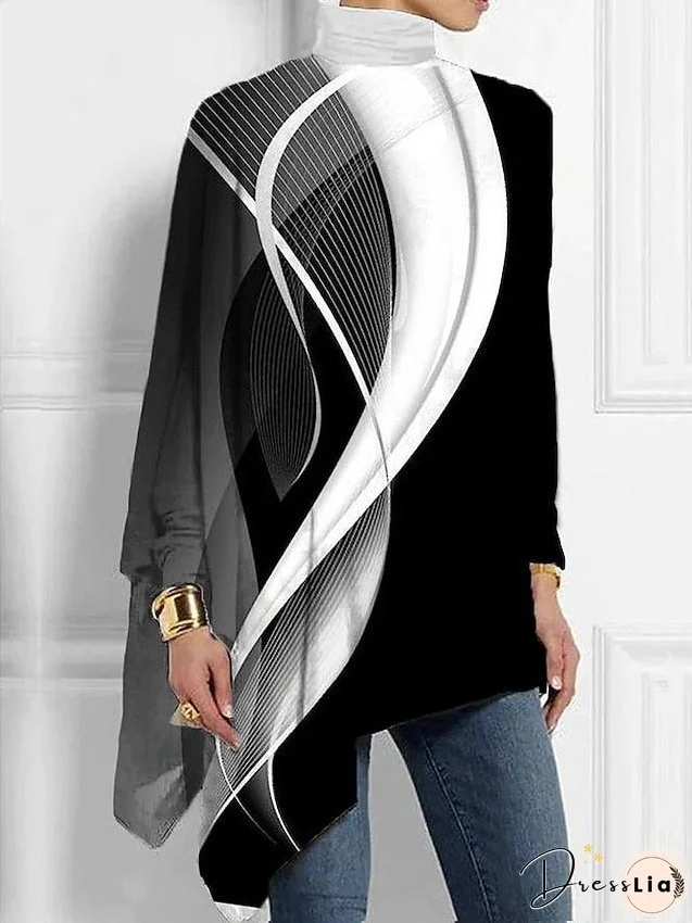 Women's Plus Size Shirt Blouse Butterfly Star Silver Black White Print Asymmetric Long Sleeve Casual Basic Turtleneck High Neck Regular Fit Spring Fall