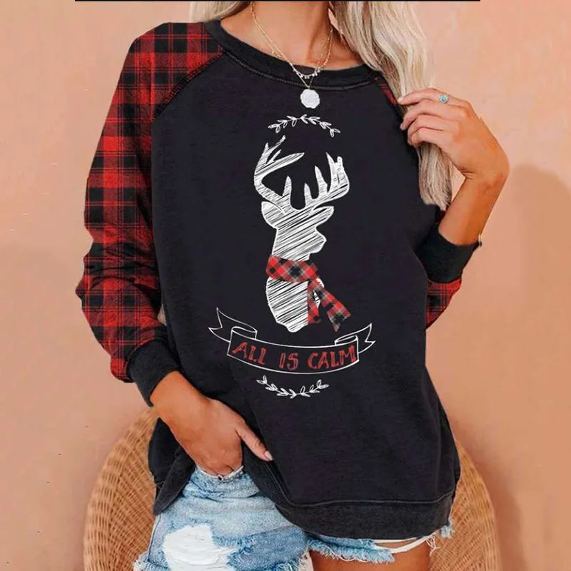 Christmas Elk Letter Printed Women's Long-Sleeved T-shirt