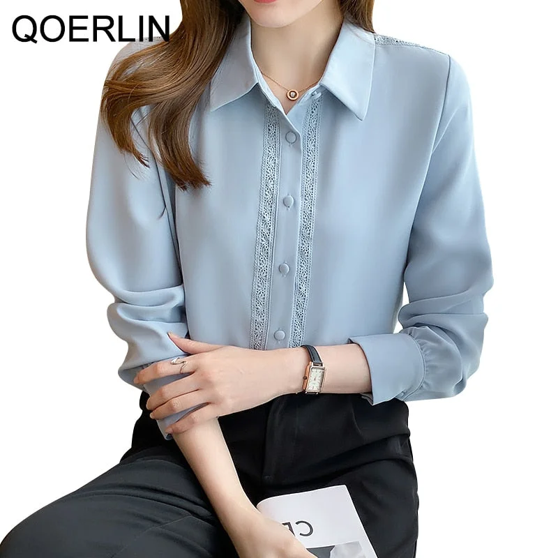 Uforever21  Formal Workwear Women Long Sleeve Stylish Lace Hollow Out White Blouse Single Breasted Blue Button Up Shirts Tops Female