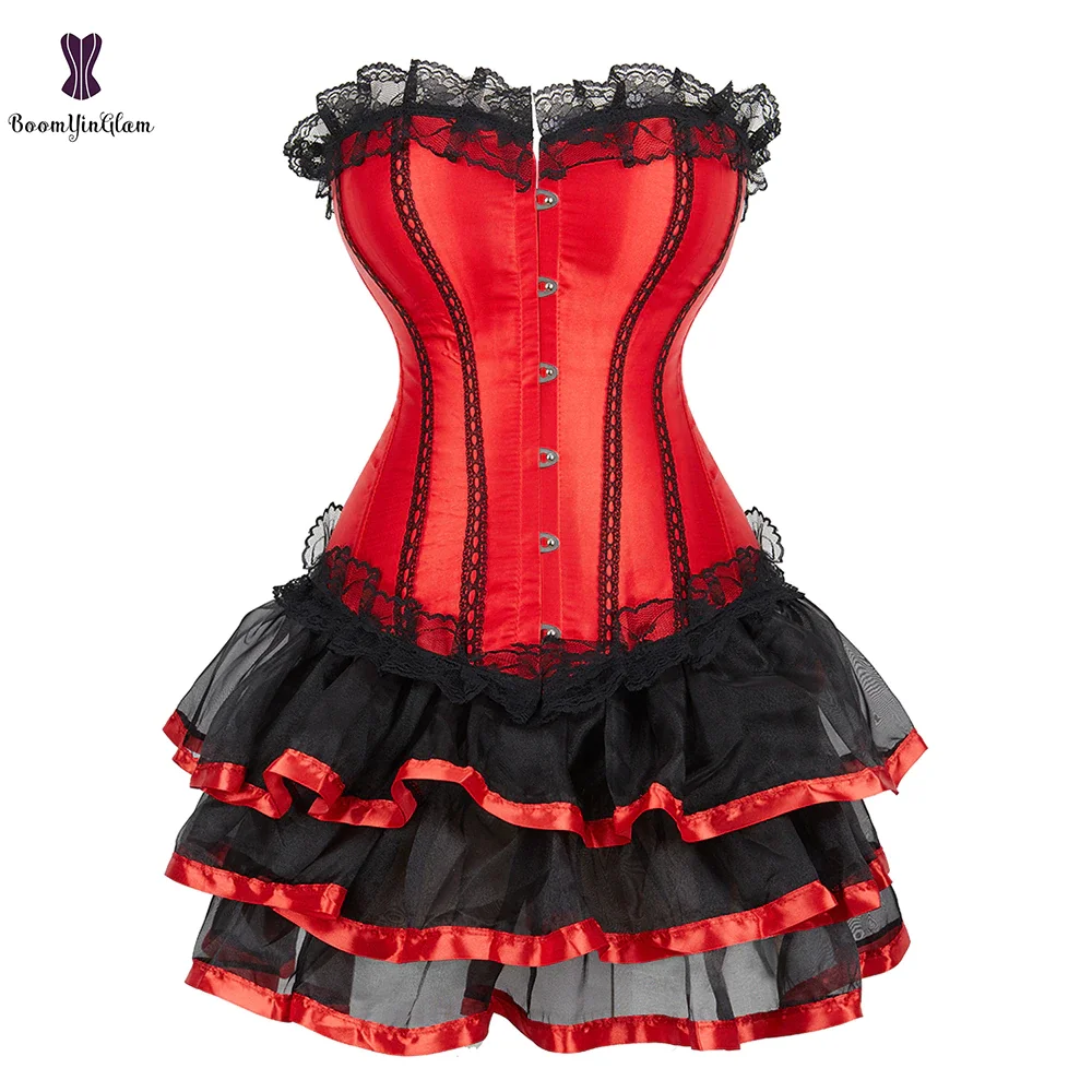 Billionm Women Retro Corset Dress Set Sexy Cosplay Customes Red Overbust Bustier Top With Min Skirt