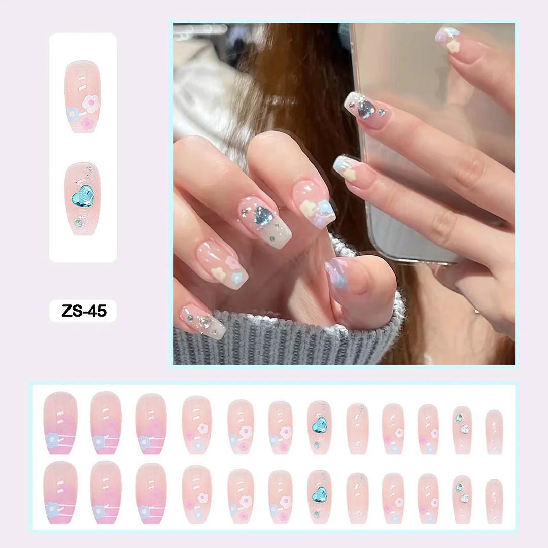 24pcs Artificial Diamond Gradient Fake Nails With Glue Lovely Pink Flesh-colored Nail Art Fake Nails Long With Wearing Tools-Nail Inspo