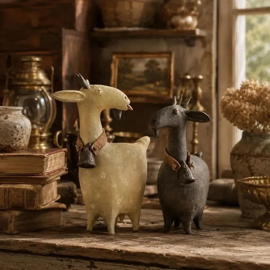 Vintage folk art farmhouse style goat figurines
