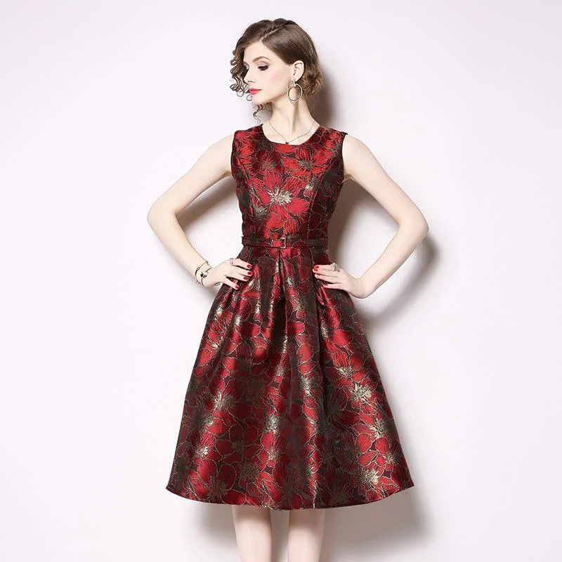 Retro Sleeveless Jacquard Dress Slim A-line Skirt