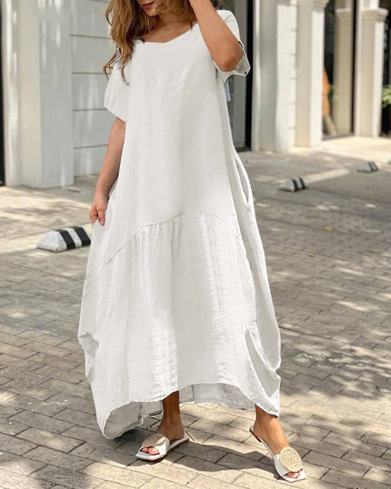Short Sleeve Round Neck Solid Color Loose Cotton Maxi Dress