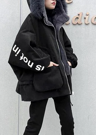 Casual black Letter coats plus size snow jackets faux fur collar pockets coats
