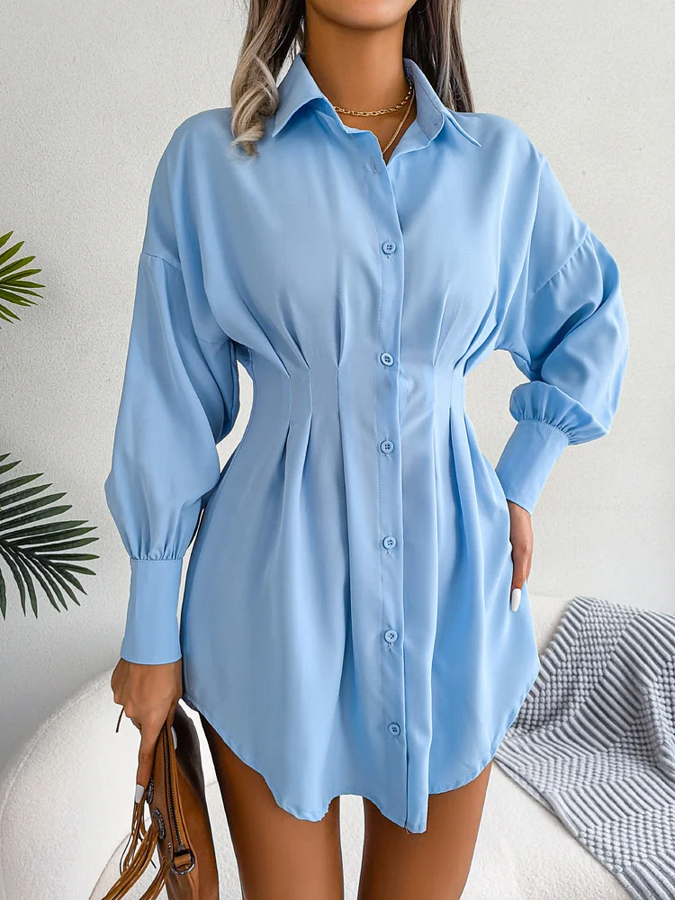 Pleated Bishop Sleeve Mini Shirt Dress