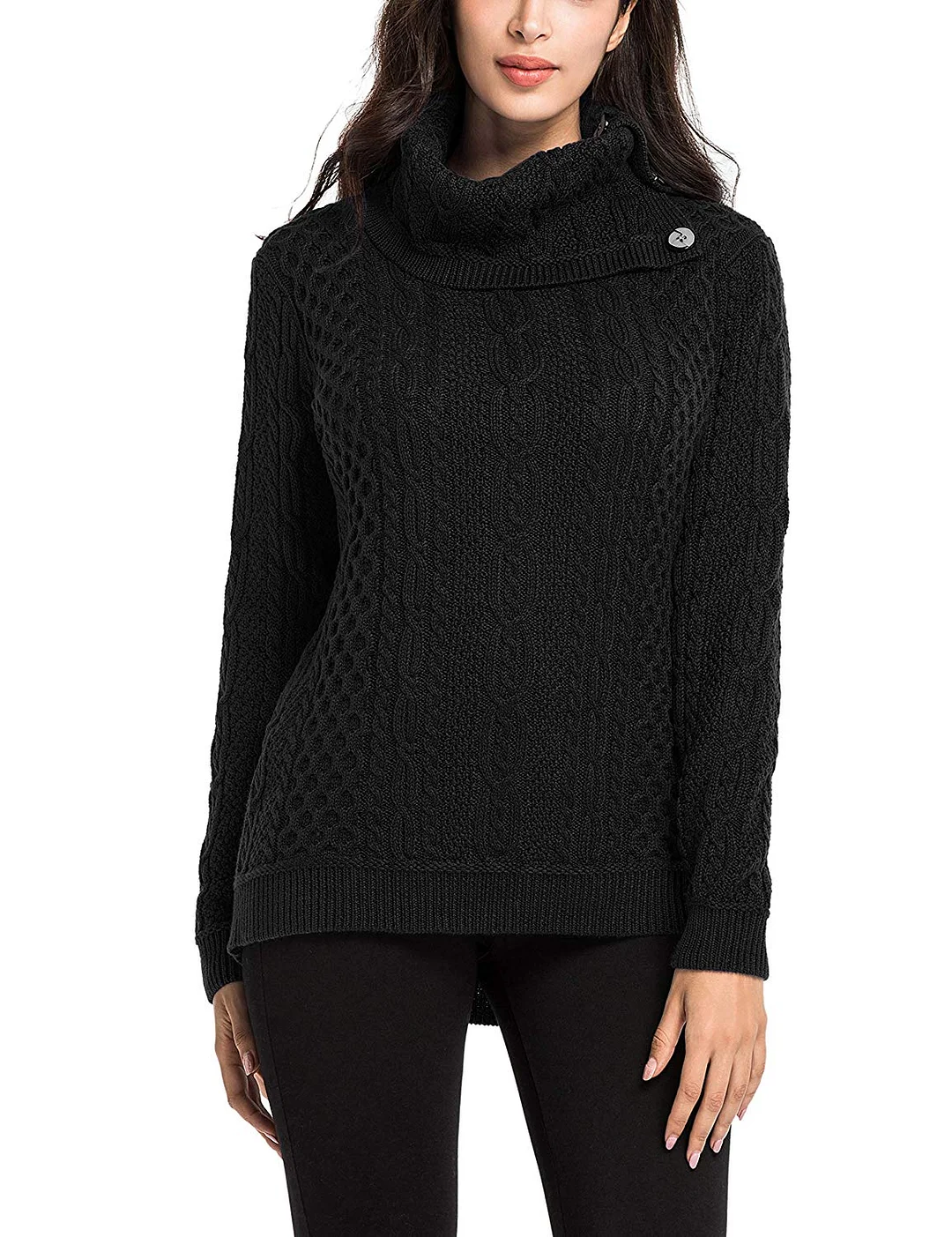 Women's Turtleneck Sweater Cable Knit Button Tunic Pullover Tops