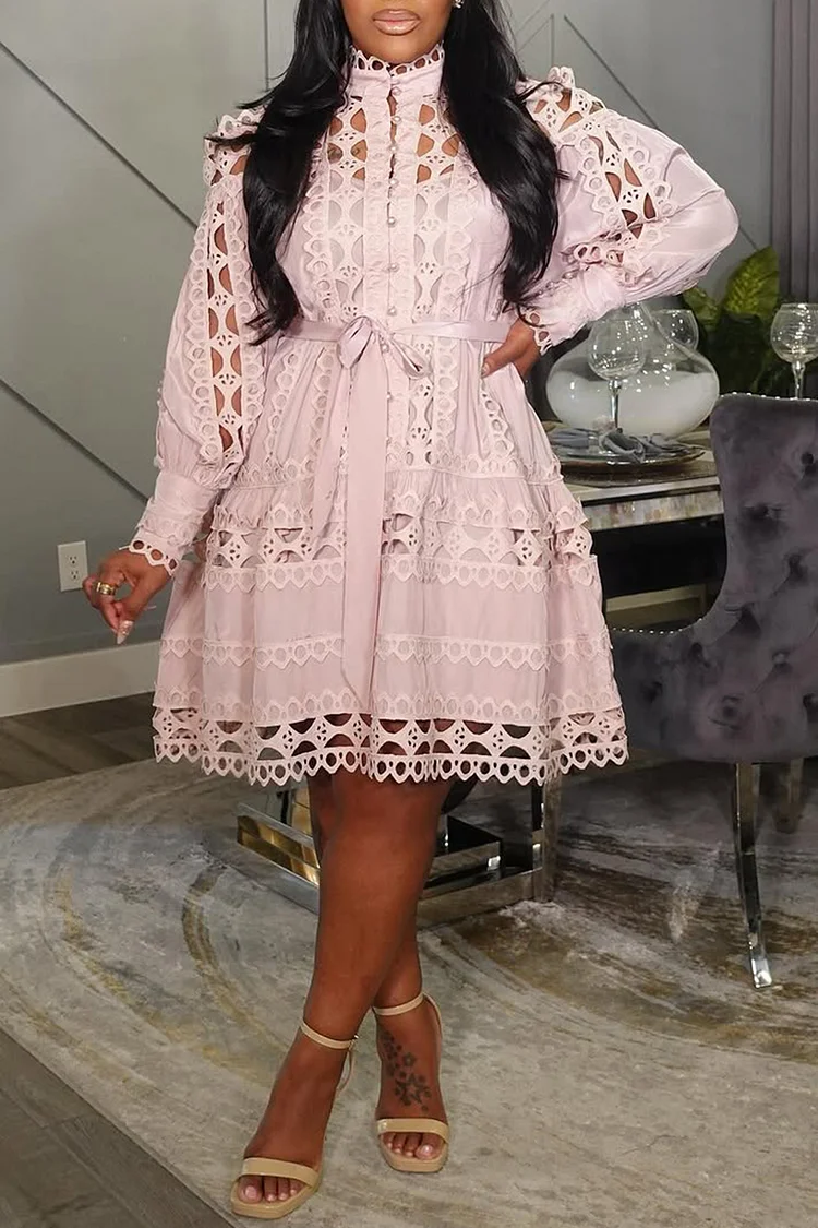 Plus Size Business Casual Pink Stand-Up Collar Puff Sleeve Long Sleeve Cut Out Midi Dresses [Pre-Order] 2024 - Xpluswear