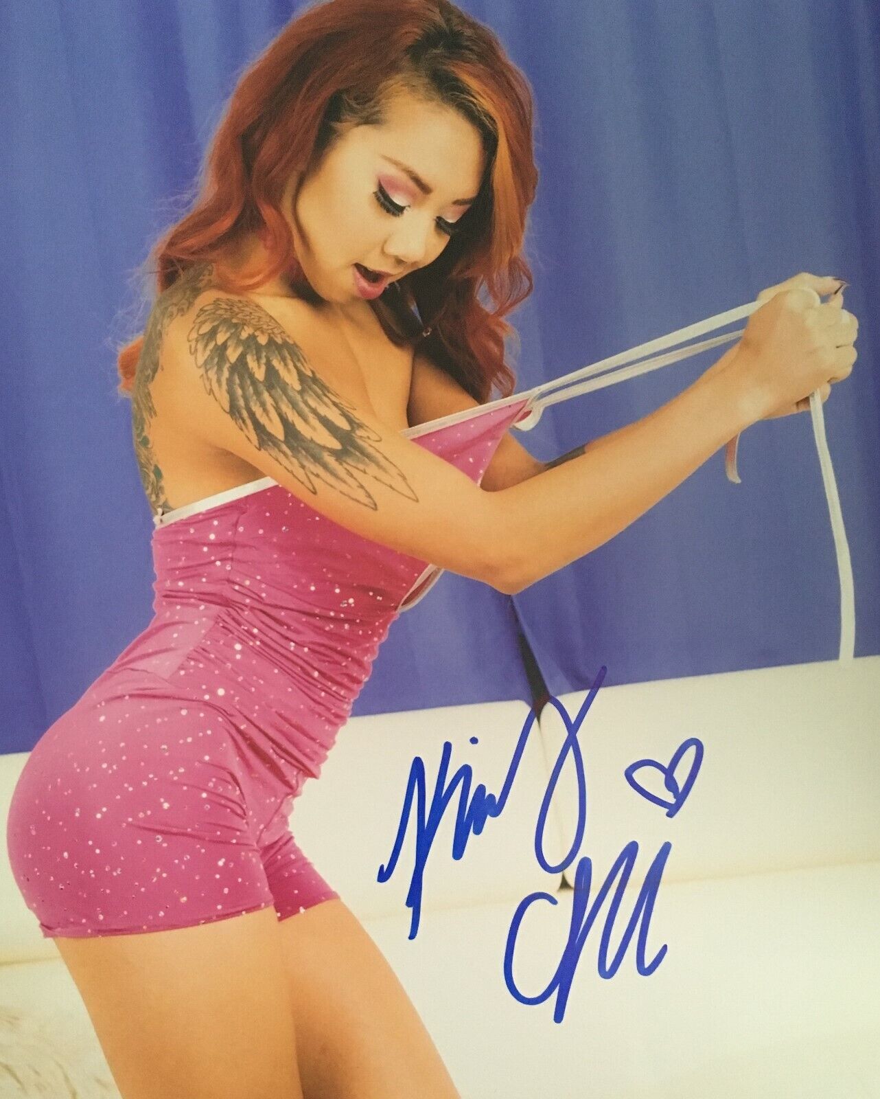 Kimberly Chi Sexy In A Pink Dress Signed 8x10 Photo Poster painting Adult Model COA Proof E4