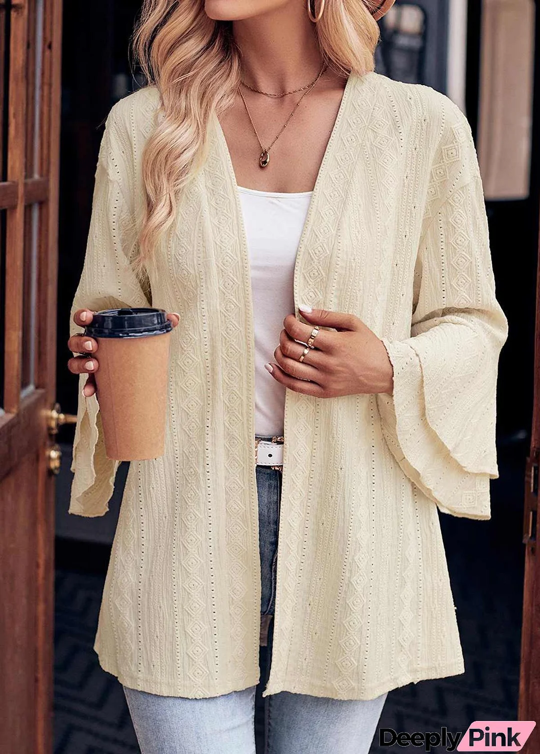 Beige Layered Long Sleeve V Neck Coat