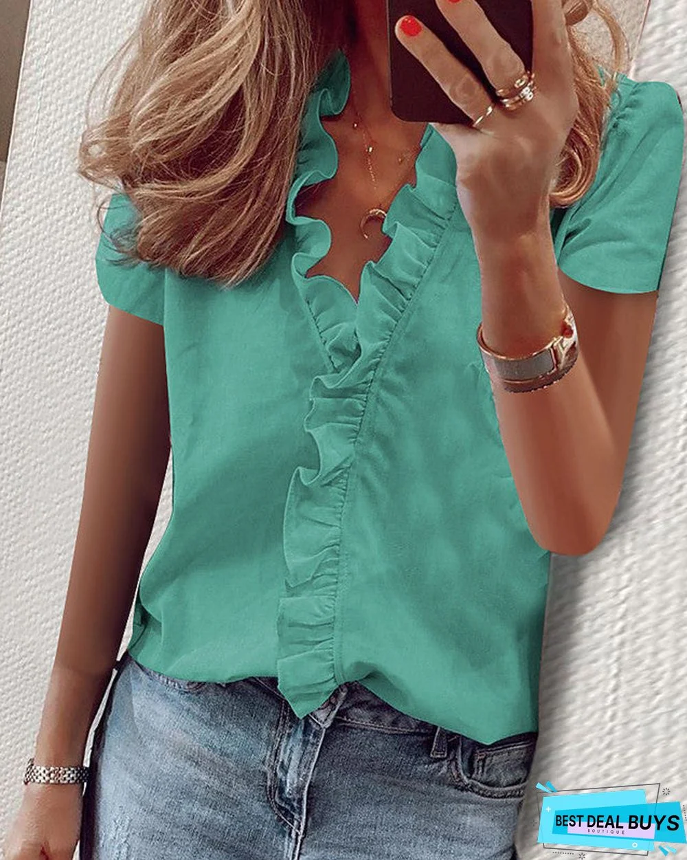 Women's Blouse Shirt Solid Colored Ruffle V Neck Tops Basic Top White Blue Green-0202810
