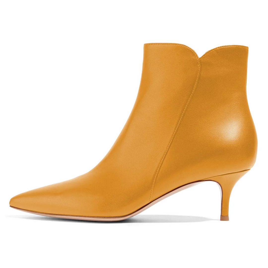 YDN Side Zipper Pointed Toe Kitten Heel Orange Short Boots for Women