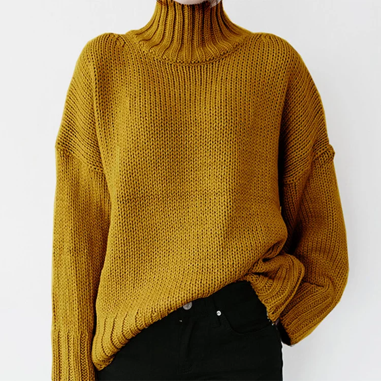 Retro Long Sleeve Solid Color Turtleneck Pullover Sweater