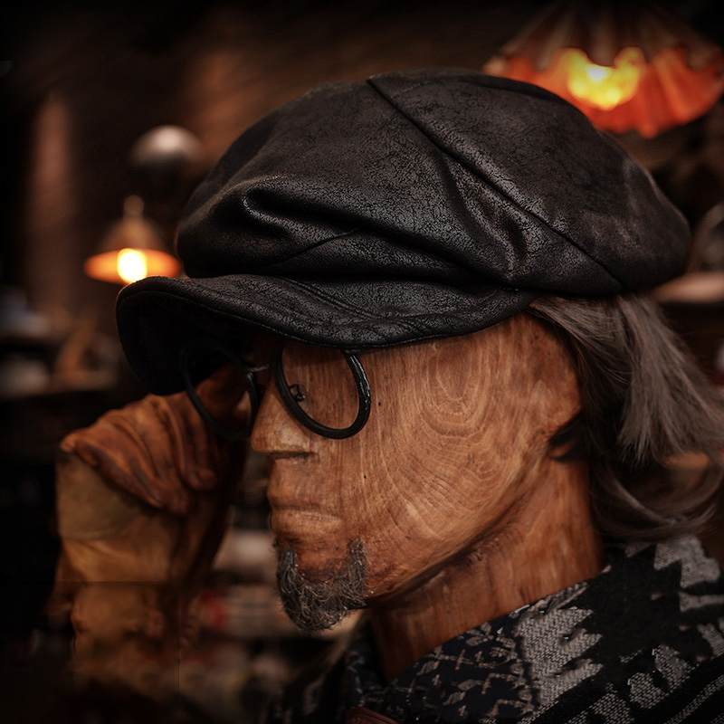 Vintage Black Distressed Leather Octagon Hat
