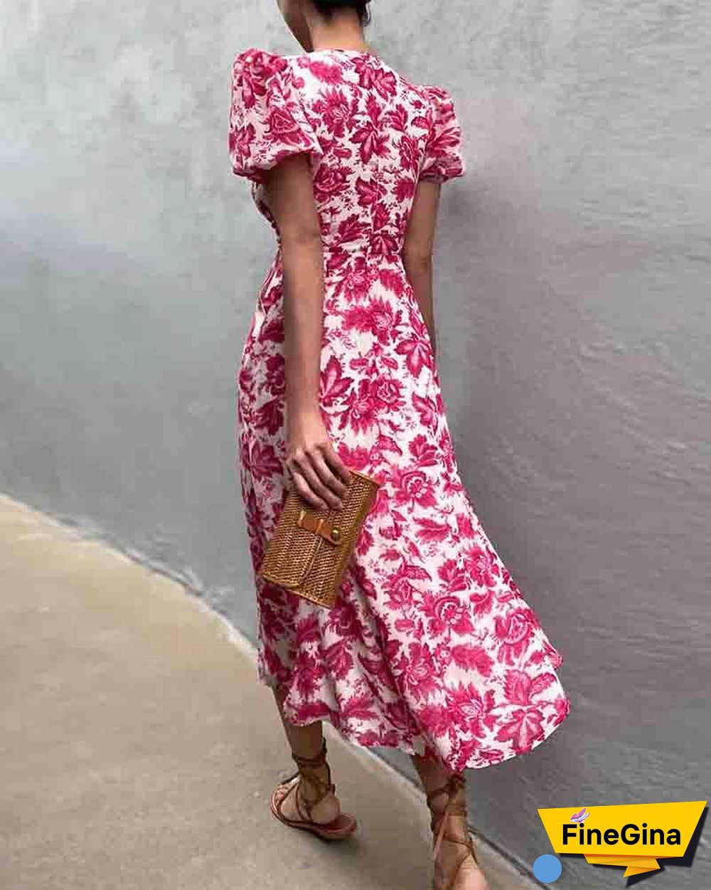 Floral Print Shirred Skinny Waist Puff Sleeve Slit Maxi Dress P11911