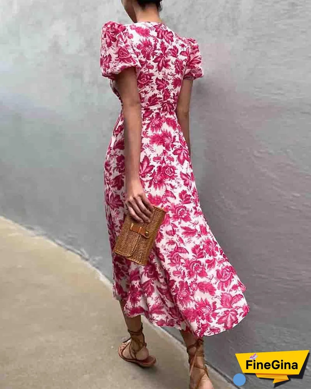 Floral Print Shirred Skinny Waist Puff Sleeve Slit Maxi Dress P11911