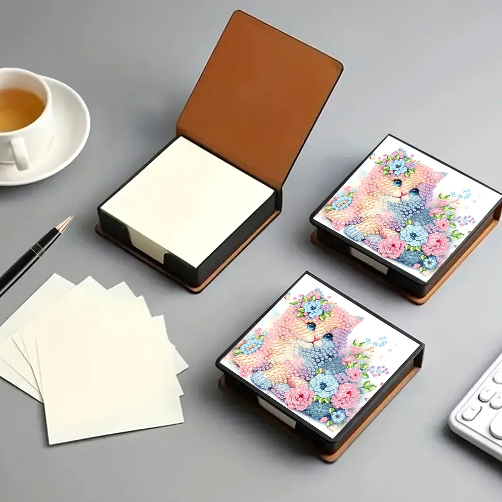 DIY Flower Cat Leather Diamond Art Note Box with 160 Sheets of Paper for Beginners