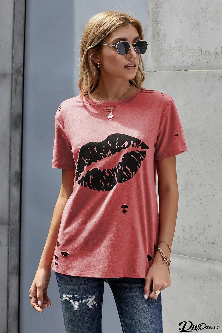 Kiss The Lip Distressed Red Cotton Short Sleeve Tee